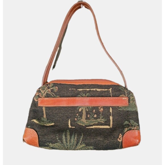 Tommy Bahama Handbag Clutch Cognac Brown Leather & Canvas Isle Palm Print - Picture 1 of 11